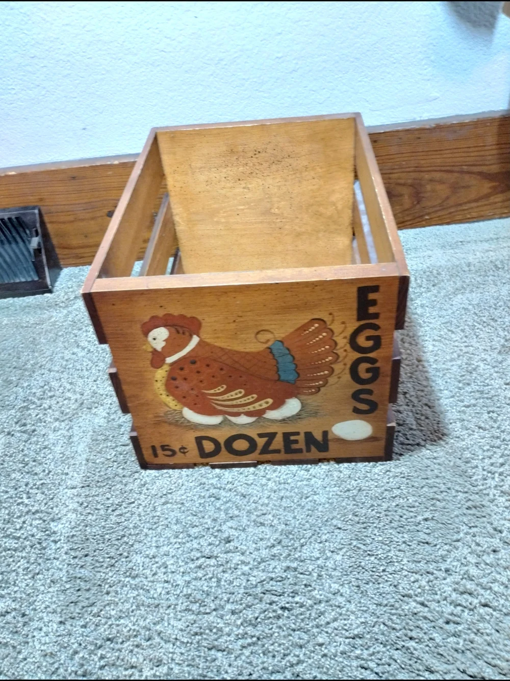 Cottage Core Wooden Farmhouse Egg Crate with Hen Motif - Natural Brown